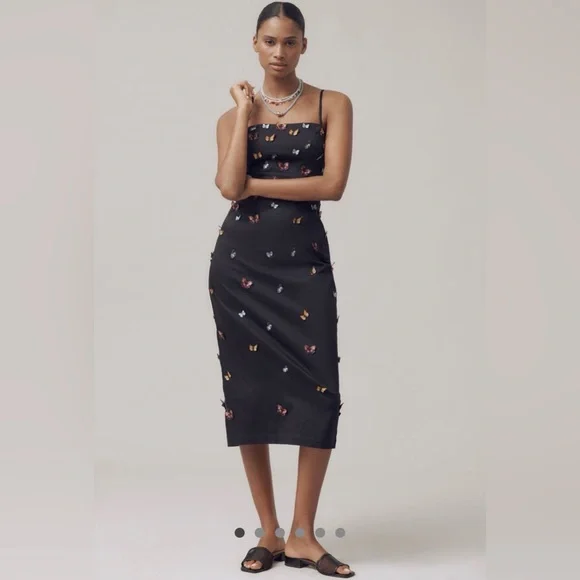 Anthropologie MAEVE 3-D Brynne Butterfly Embellished Black Midi Dress - Picture 2 of 7